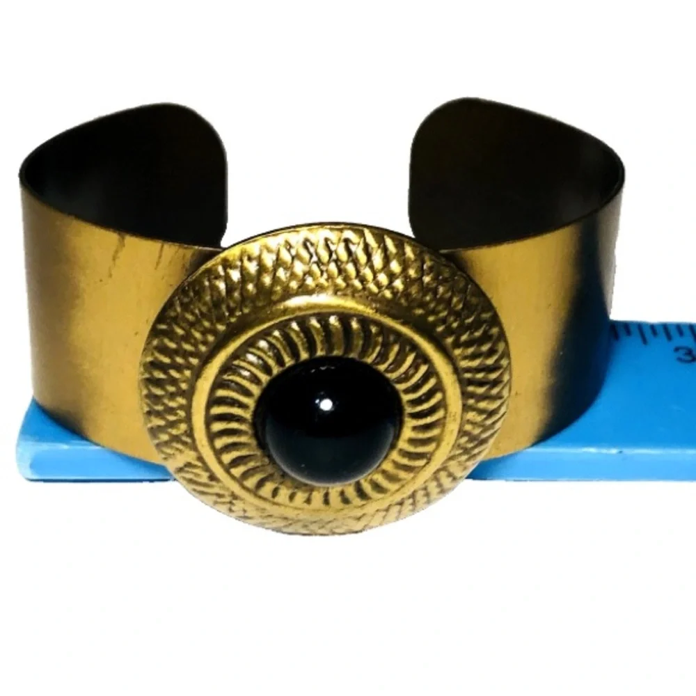Brass Cuff Bracelet with Textured Medallion and Black Onyx Cabochon